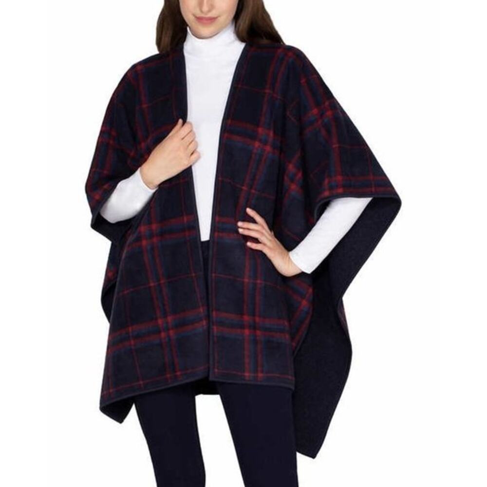 Ike Behar Navy and Red Plaid Cape Wrap